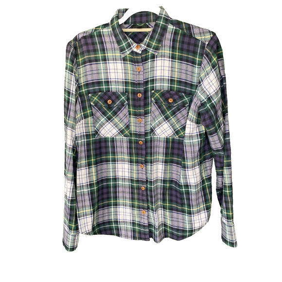 J Crew Flannel Womens Sz 6 Green White Blue Plaid Casual Long Sleeve Cozy Shirt - Picture 1 of 6